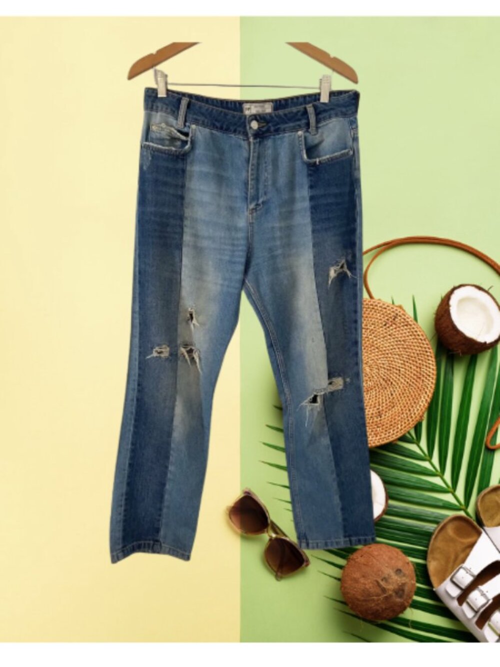Free People patchwork distressed loose straight leg denim size 30 boho grunge